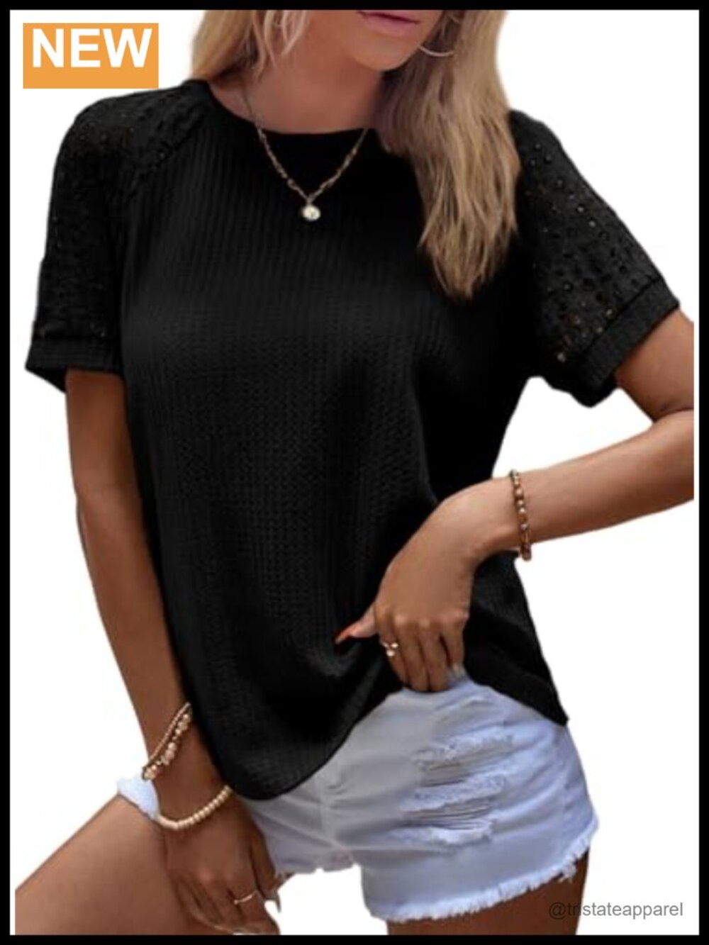 Waffle Knit Top Short Sleeve Crew Neck Business Casual T-Shirt
